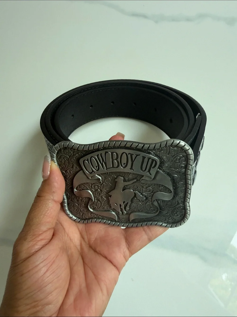 Cowboy Up Western Floral Tooled Black Leather Belt Large XL Silver Trophy Buckle
